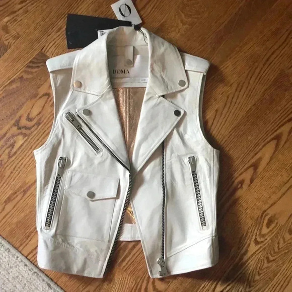DOMA Sleeveless Leather Vest Bone White Moto Spring FLAW - Picture 2 of 7